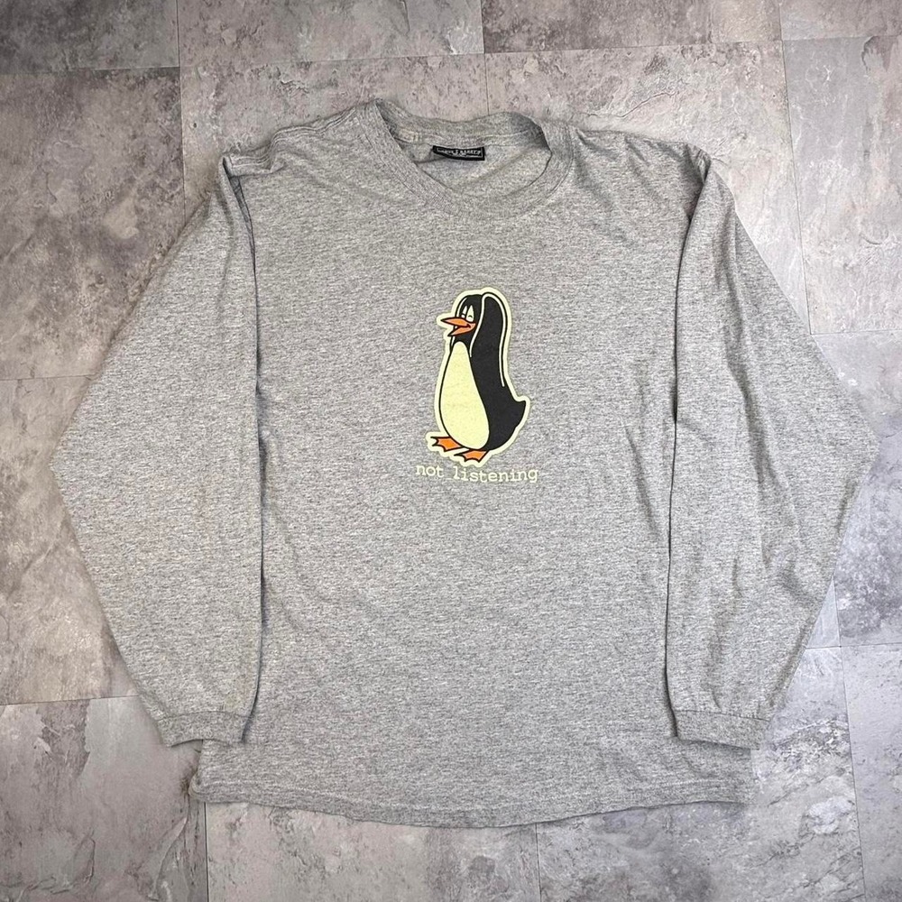 Vintage funny Steve & Barrys penguin not listening gray long sleeve medium